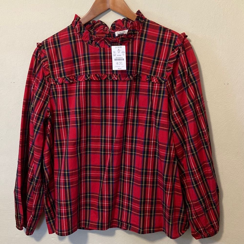 J. Crew Vibrant Plaid Ruffle Top Size L NWT